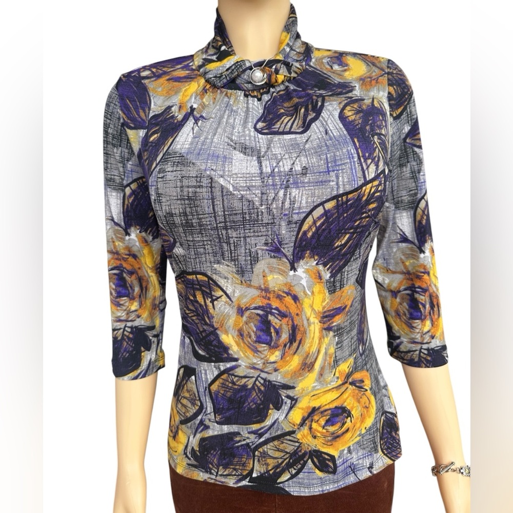 Worthington Purple and Yellow Wrap Choker Neck Floral Blouse